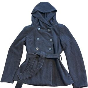 Zara Mid-Length Black Coat Belted with Hood Size M